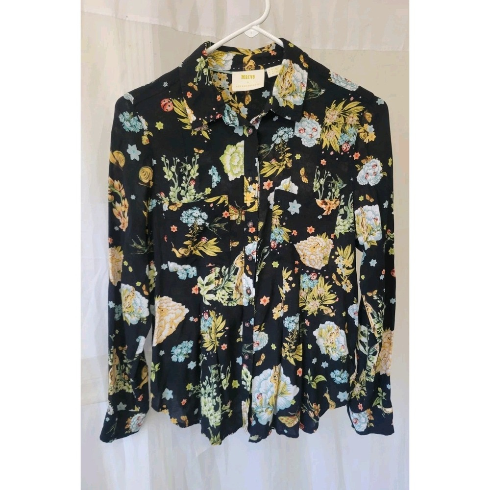 Maeve by Anthropologie Black Button Up Blouse Rabbit Floral Rayon Shirt Sz 6